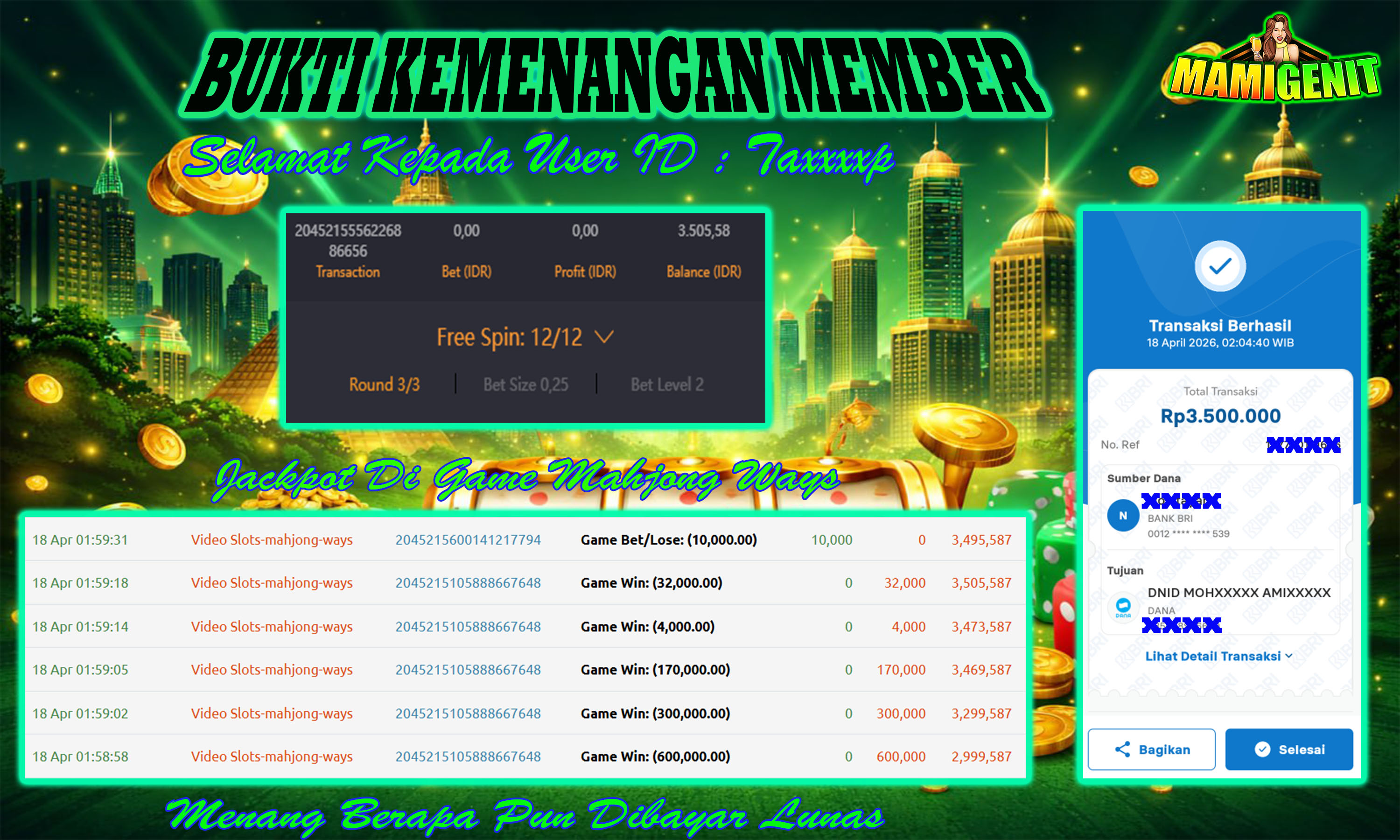 MAMIGENIT - JACKPOT DI SEBESAR RP.3,500,000,- DI GAME MAHJONG WAYS